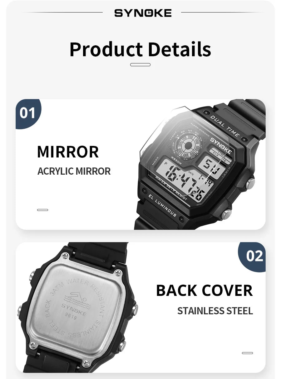 SYNOKE Men's Military Digital Sports Watch | Waterproof Chronograph with EL Luminous Display & Square Rubber Case