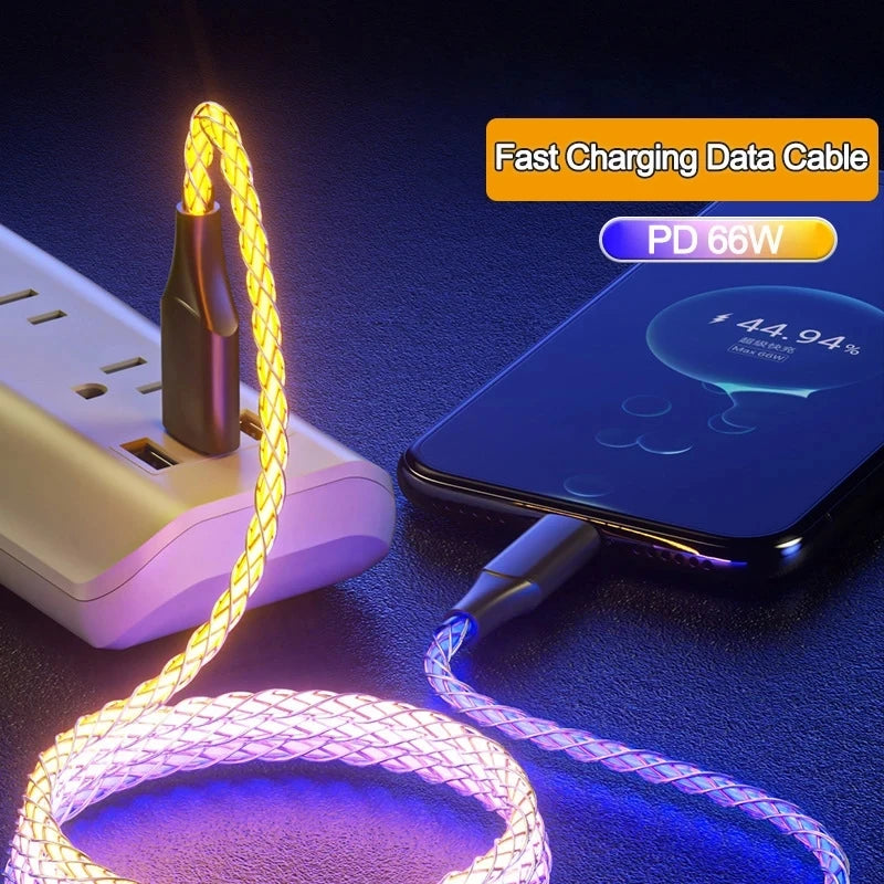 6A Fast Charging RGB Breathing Luminous Gradient Light Data Cable | 66W Type-C Charger Cord