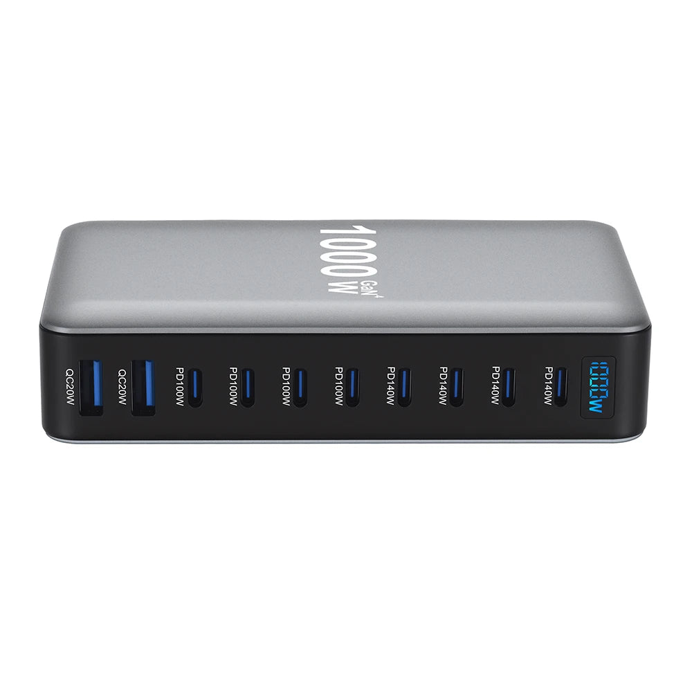 1000W GaN Desktop Charging Station | 10-Port USB-C & USB-A Fast Charger with PD 3.1 & PPS for Laptops, Tablets & Smartphones
