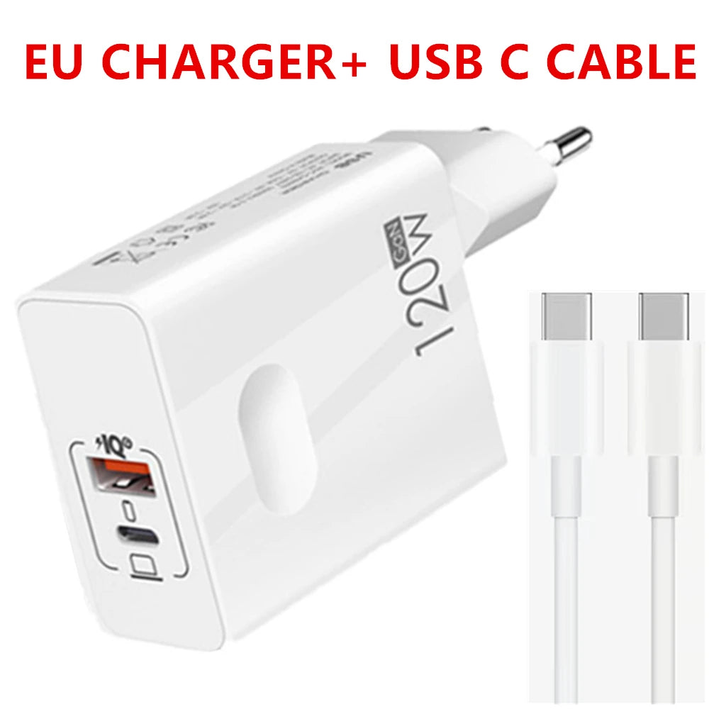 120W Fast Charger with USB Type-C PD Cable – Ultra-Speed Power Adapter