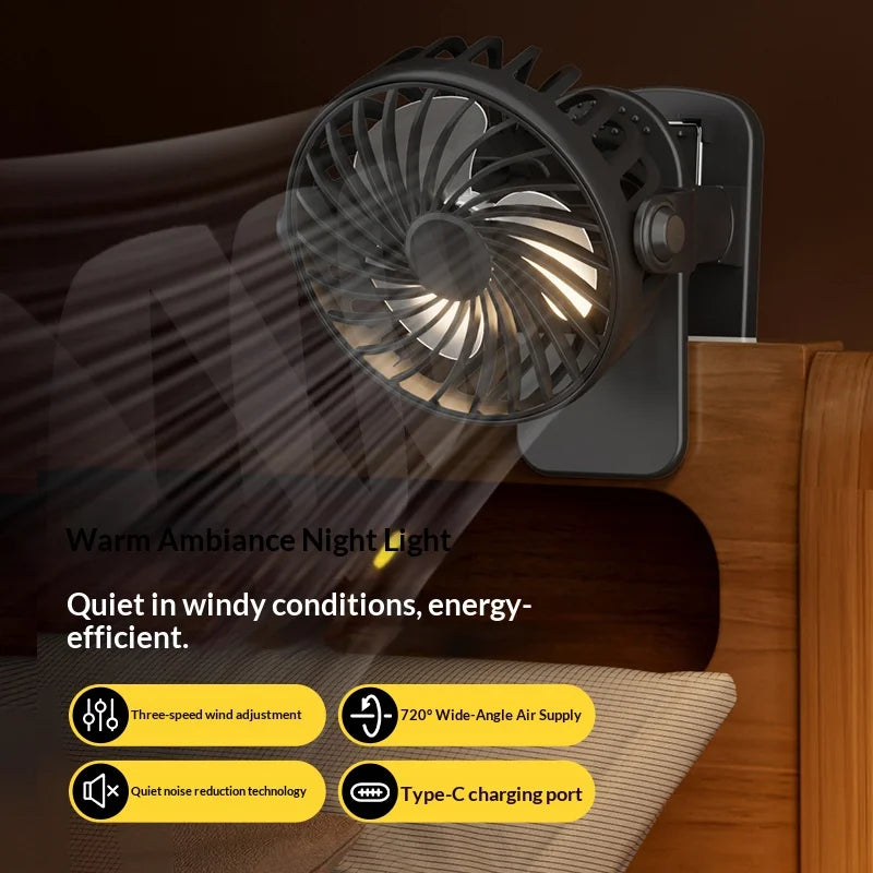 HOMEFISH Portable Clip Fan 720° – Rechargeable, Hanging & Integrated Night Light