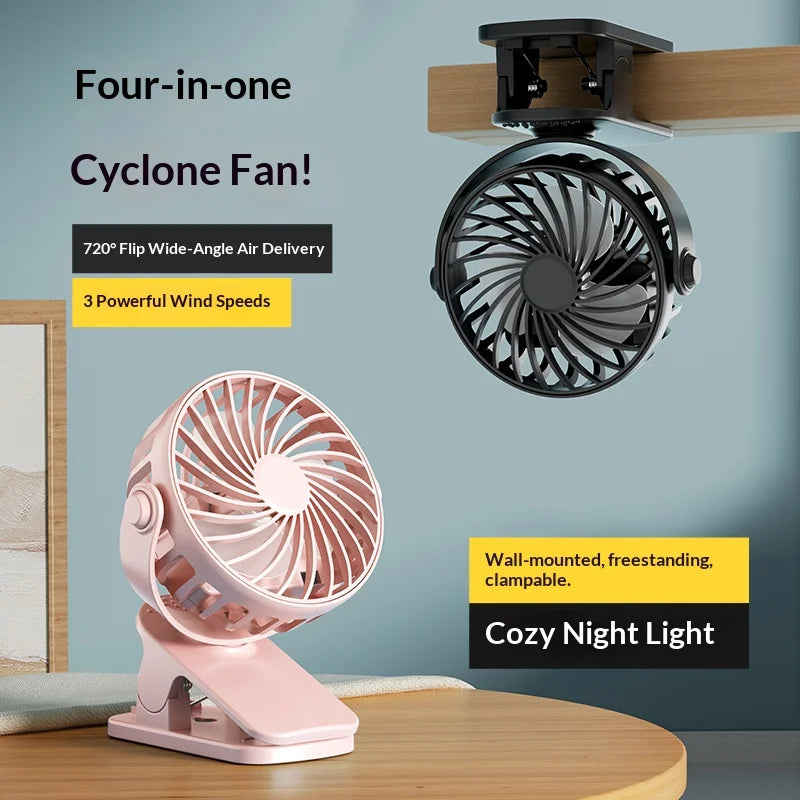 HOMEFISH Portable Clip Fan 720° – Rechargeable, Hanging & Integrated Night Light