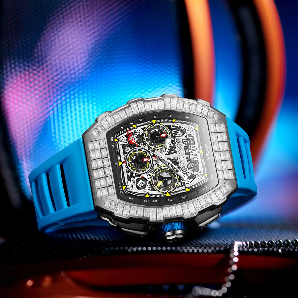 ONOLA Luxury Automatic Men’s Watch | Iced-Out Skeleton Dial Italian Design | Sport & Military Mechanical Wristwatch
