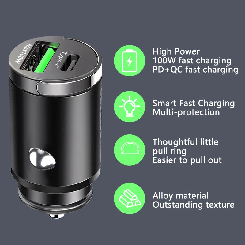 Mini 100W Car Charger – Dual USB & Type-C Ultra-Fast Charging
