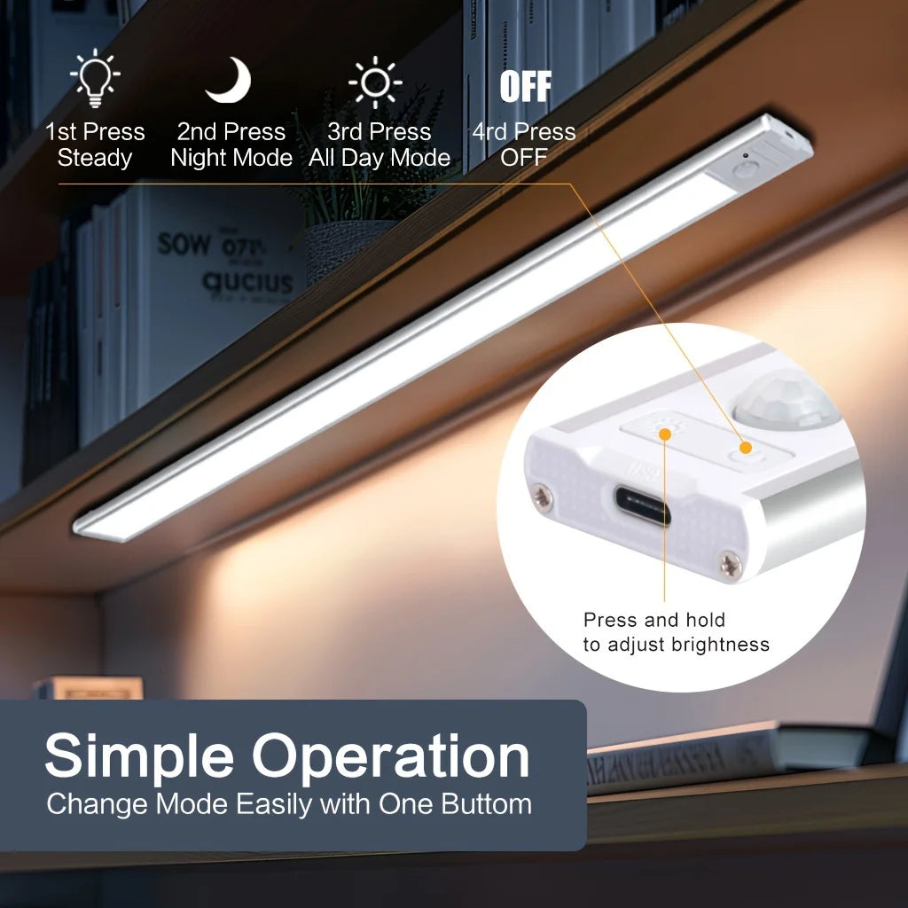 LED Motion Sensor Under-Cabinet Light | Wireless Metal Night Lamp with 3 Color Temperatures & USB Rechargeable Battery for Kitchen, Bedroom & Closets