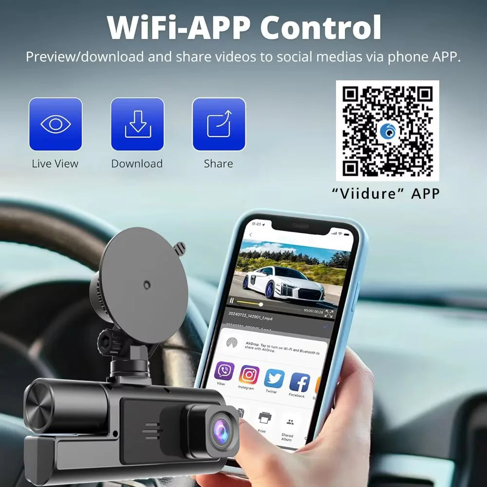 WiFi 3-Channel HD Dash Cam 1080P – Front, Cabin & Rear Coverage