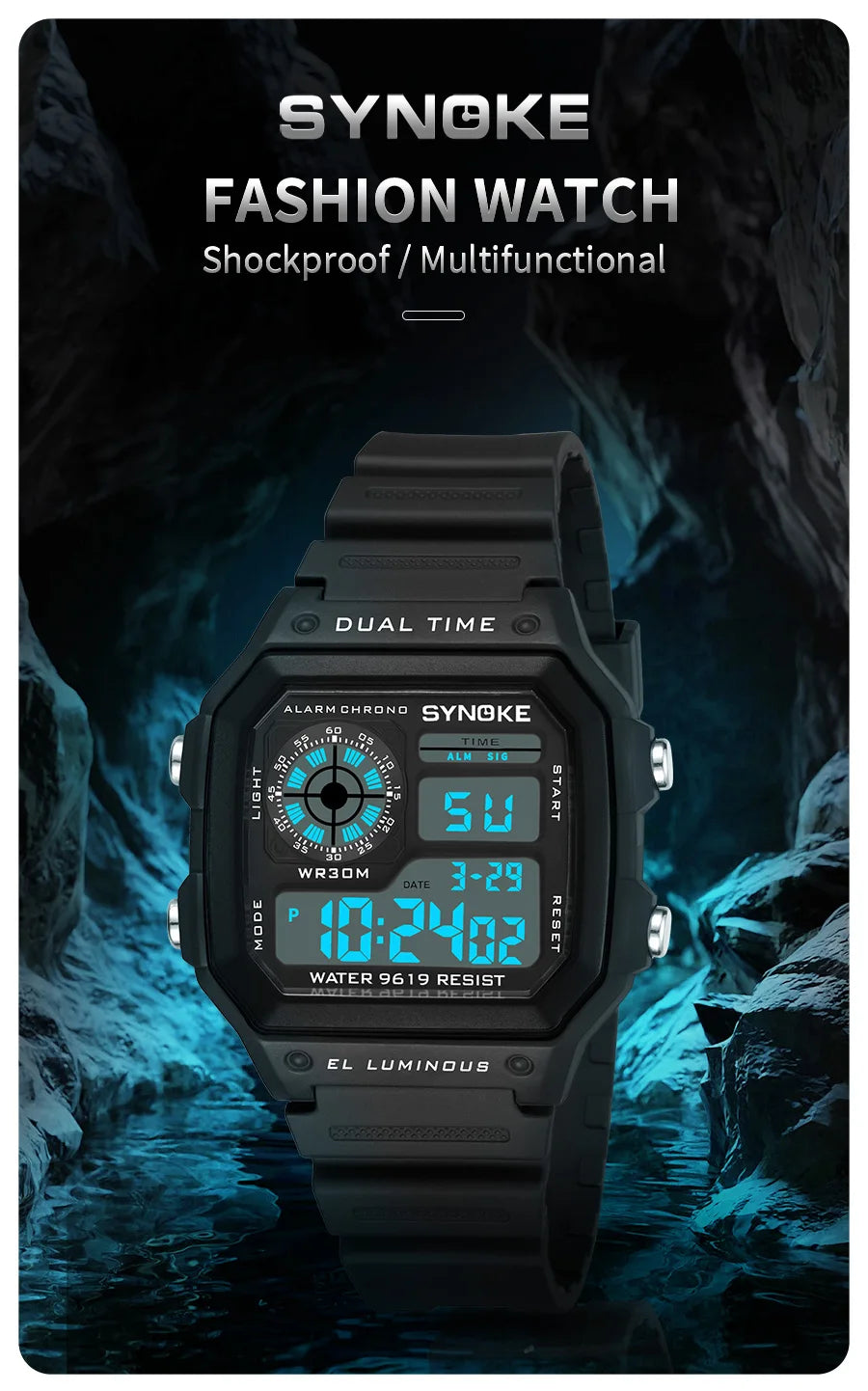 SYNOKE Men's Military Digital Sports Watch | Waterproof Chronograph with EL Luminous Display & Square Rubber Case