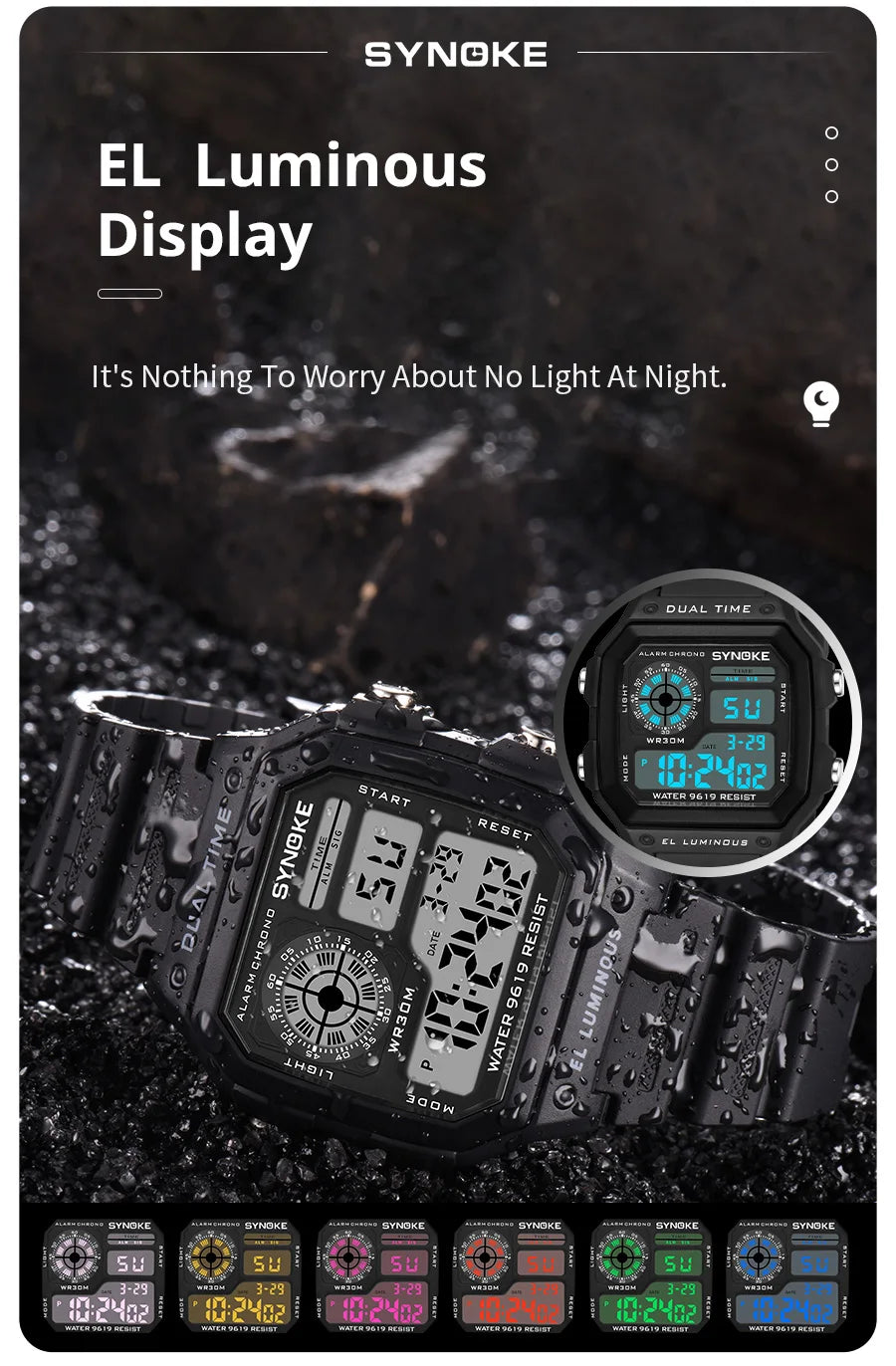 SYNOKE Men's Military Digital Sports Watch | Waterproof Chronograph with EL Luminous Display & Square Rubber Case