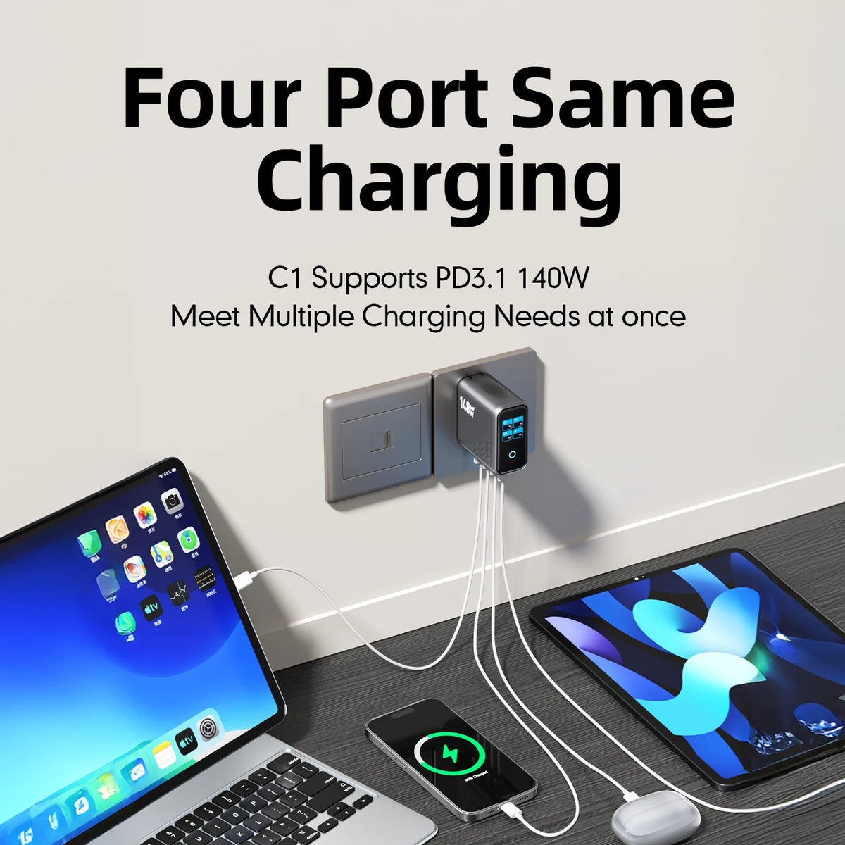 148W GaN Multi-Port Wall Charger with Smart Screen Display | 4-Port Fast Charging Adapter (3C1A) for Laptops, Phones & Tablets