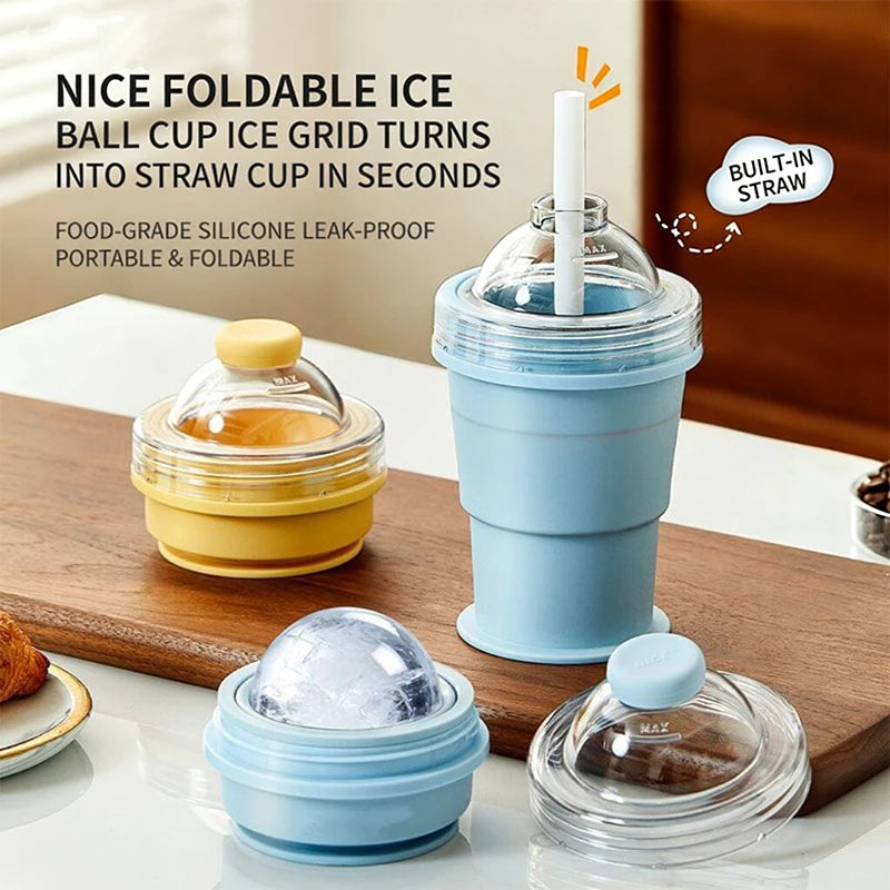 Portable 2-in-1 Folding Silicone Ice Ball Cup | Collapsible Ice Sphere Mold Water Bottle with Straw Lid