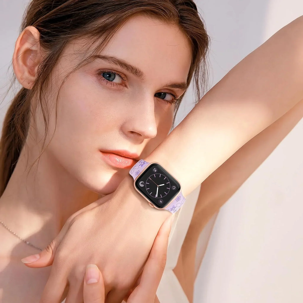 Floral Engraved Silicone Band for Apple Watch | Two-Tone Designer Replacement Strap for Series 1-11, SE & Ultra (38mm - 49mm)