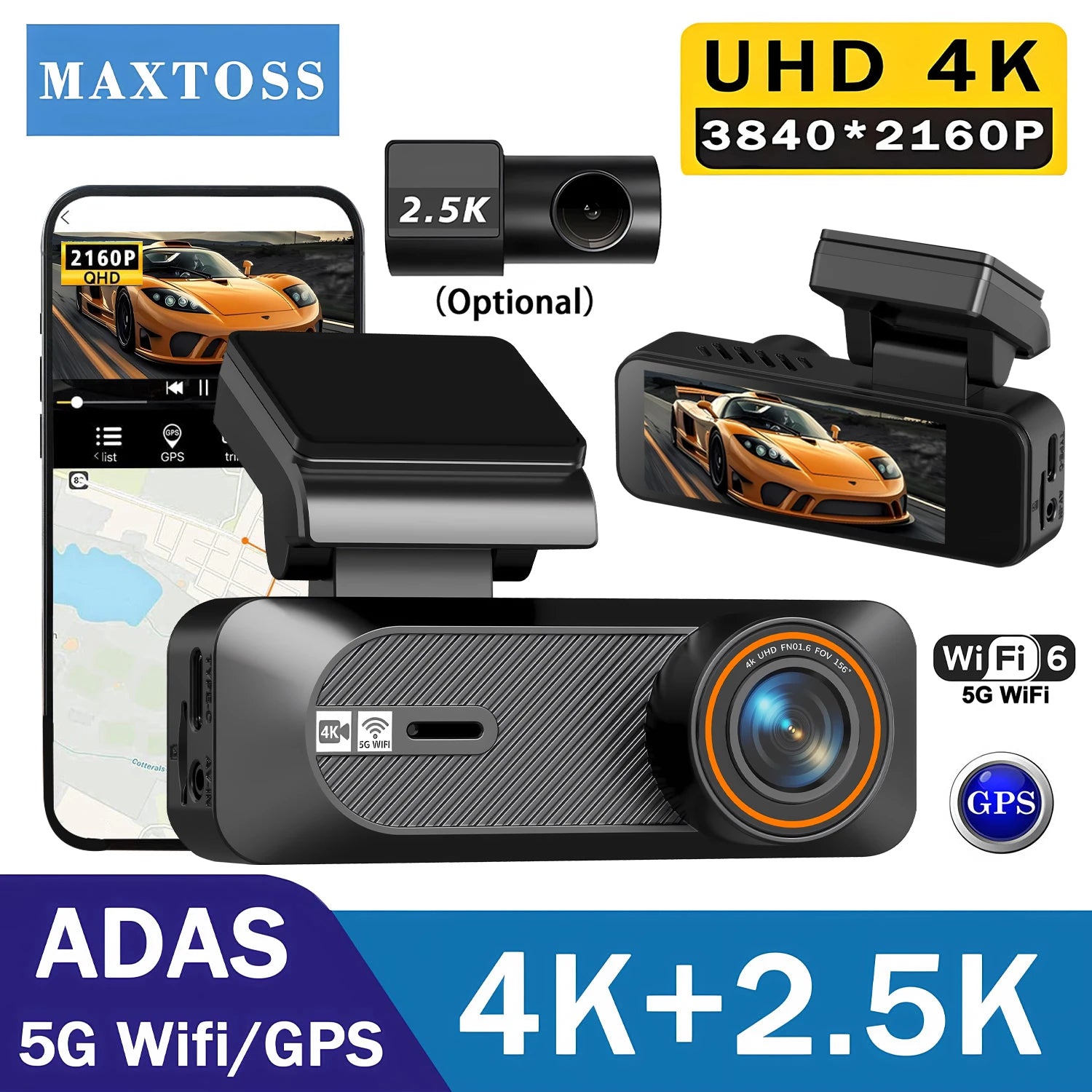 Maxtoss Ultra HD 4K Dual Camera Portable Car DVR | WiFi Dash Cam with ADAS & GPS Tracking