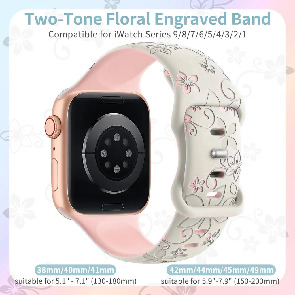 Floral Engraved Silicone Band for Apple Watch | Two-Tone Designer Replacement Strap for Series 1-11, SE & Ultra (38mm - 49mm)