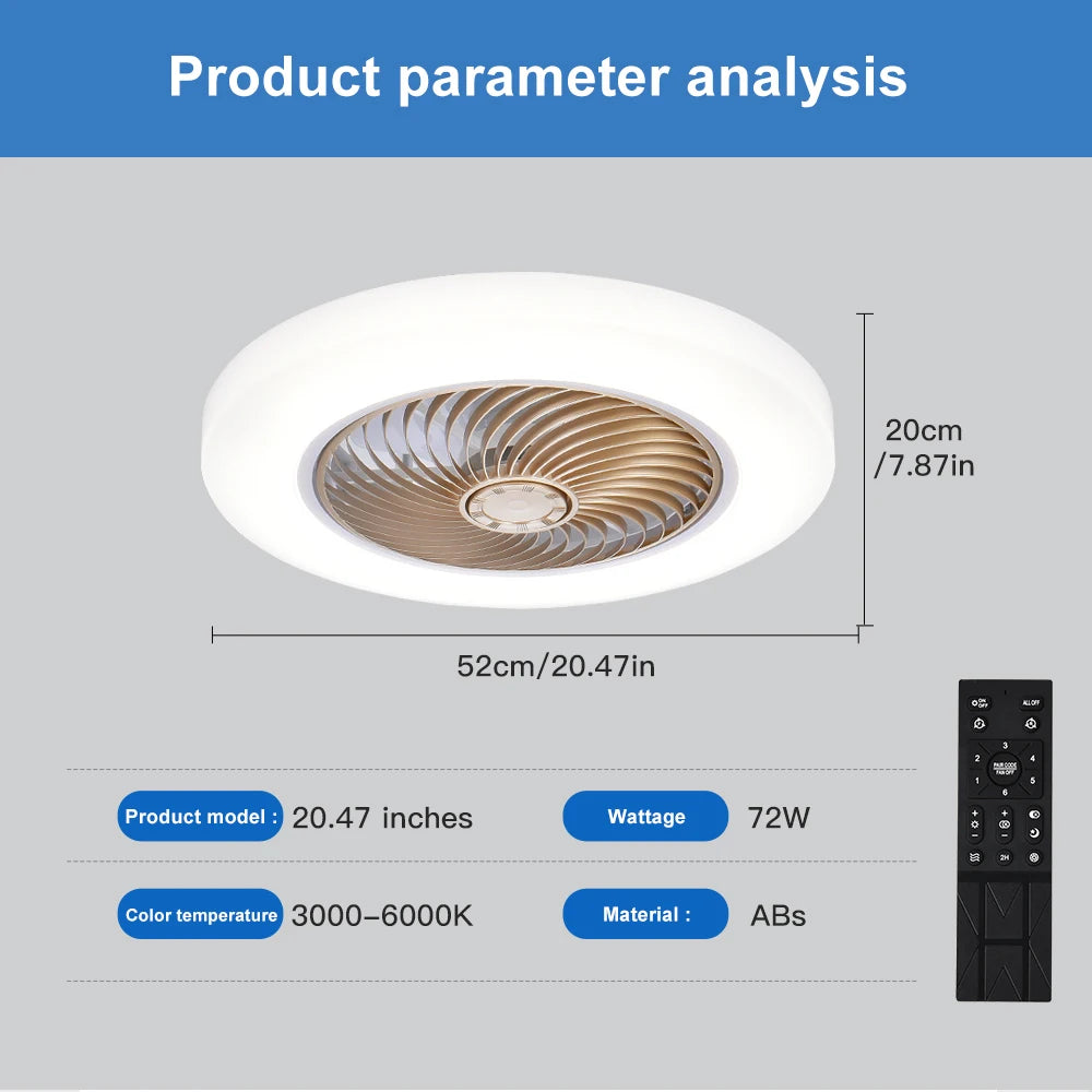 Smart Ceiling Fan with LED Light | Silent 52cm Invisible Blade Flush Mount Fan with Remote Control