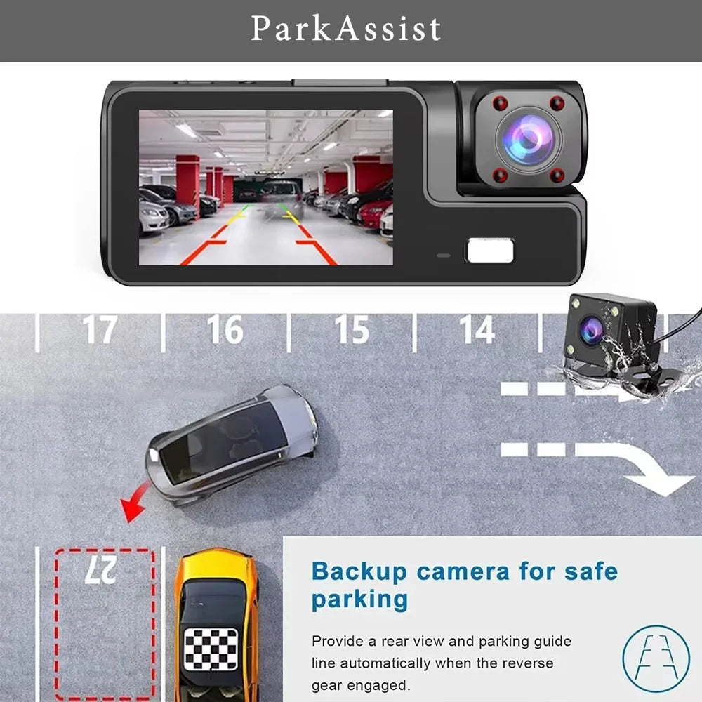 WiFi 3-Channel HD Dash Cam 1080P – Front, Cabin & Rear Coverage