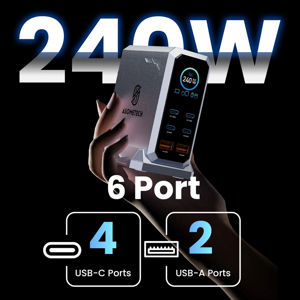 ASOMETECH 240W GaN Desktop Charging Station | 6-in-1 Multi-Port Charger with 140W PD 3.1, PPS & Digital Display