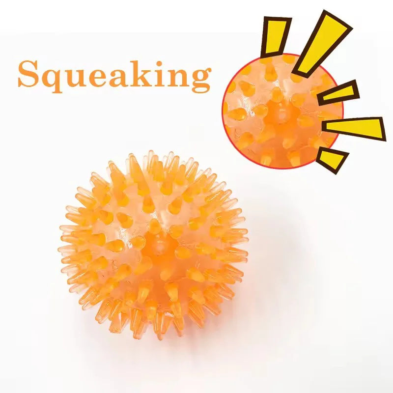 Durable squeaky spiked dog ball for teeth cleaning and play.