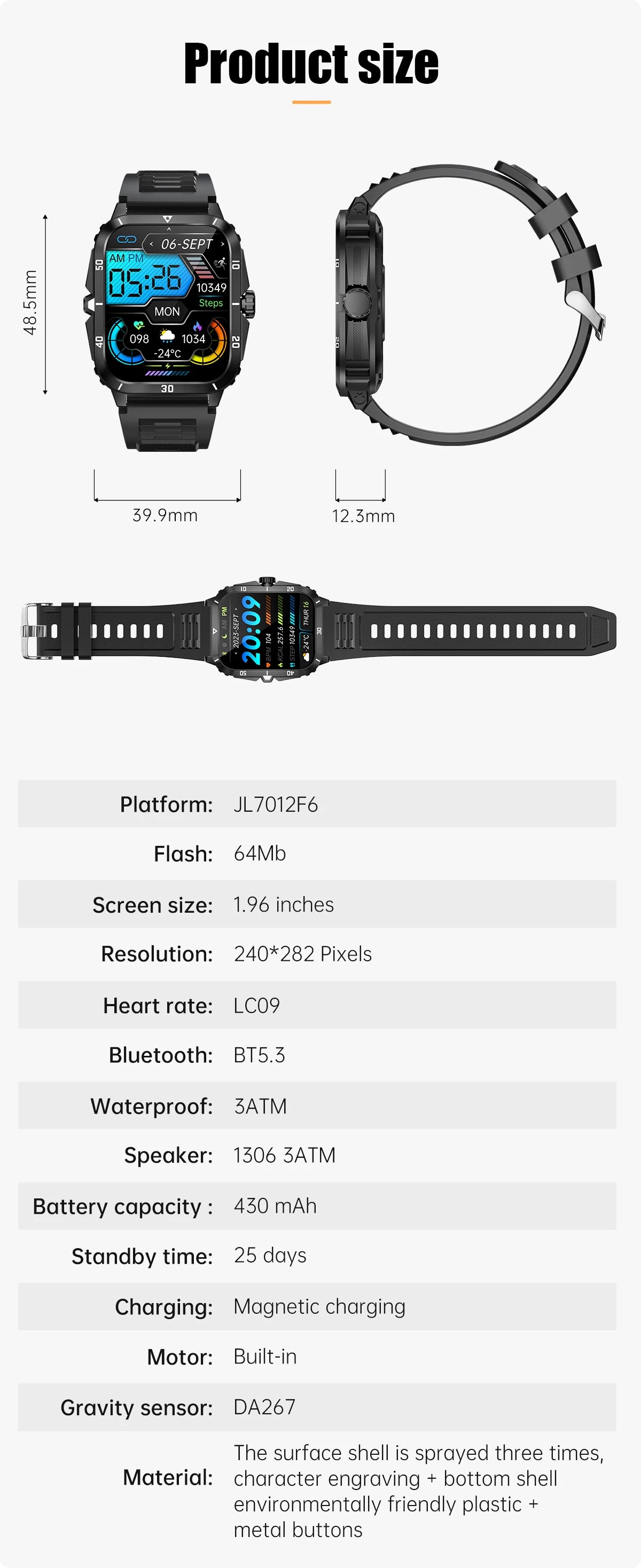EIGIIS KT71 Rugged Smart Watch for Men | 1.96" HD Screen, Bluetooth Calling & Health Tracking (Black/Orange)