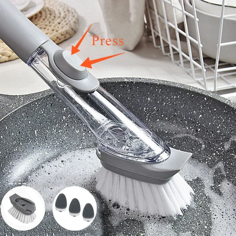 2-in-1 Soap Dispensing Dish Brush Set | Long Handle Kitchen Scrubber with Replaceable Sponge Heads