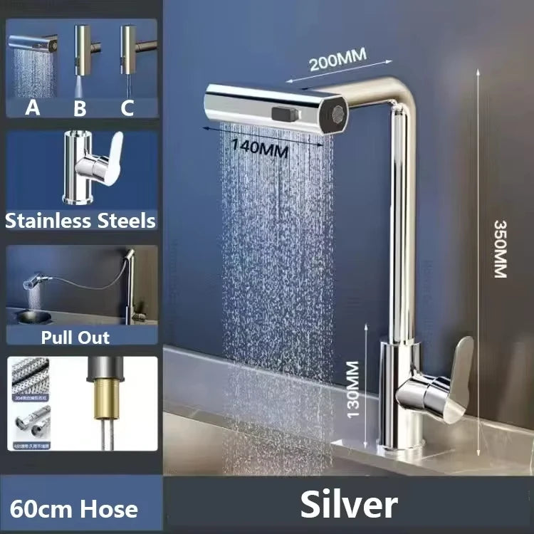 Waterfall Kitchen Pull-Out Faucet 3-Mode Flexible Sink Mixer Tap Stainless Steel