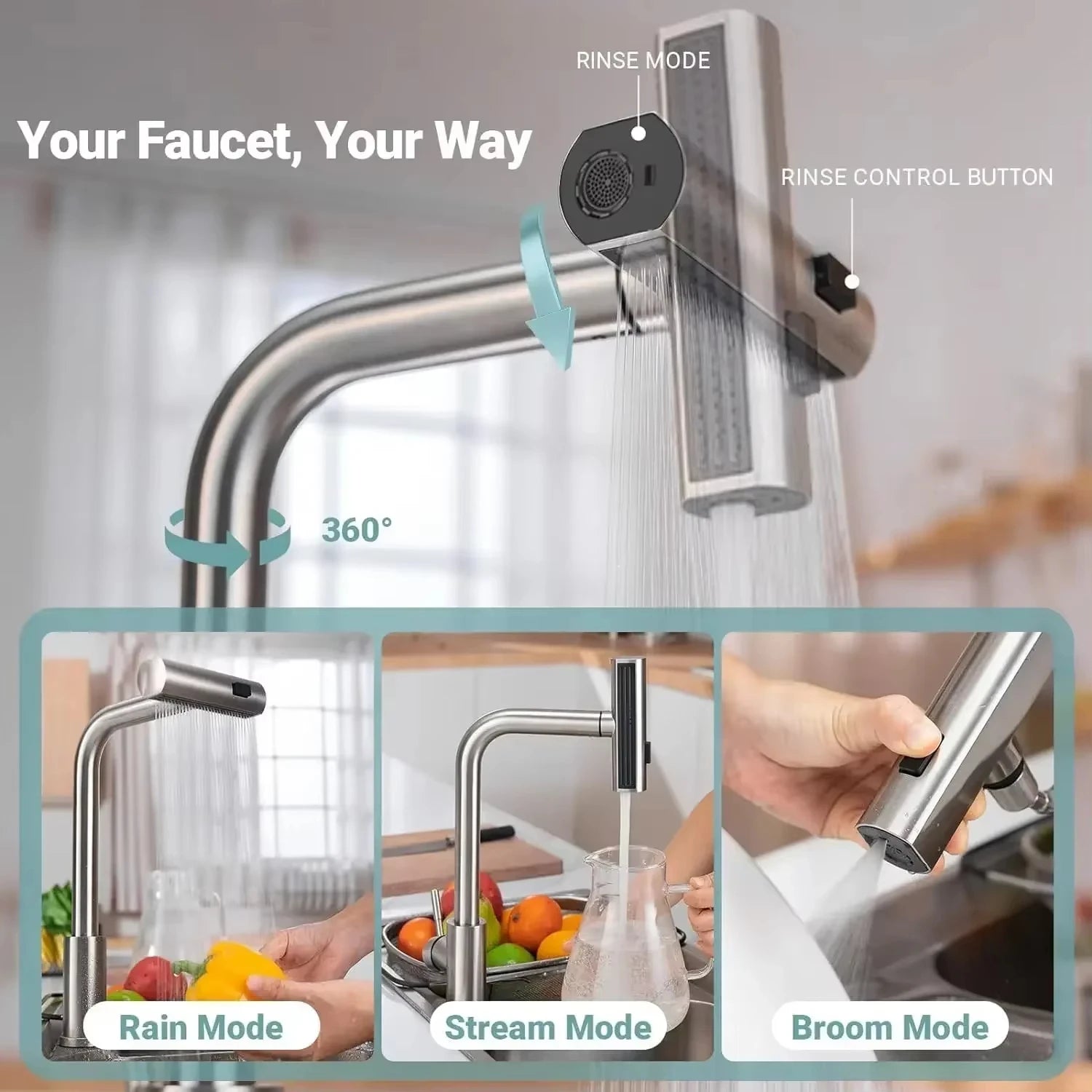 Waterfall Kitchen Pull-Out Faucet 3-Mode Flexible Sink Mixer Tap Stainless Steel