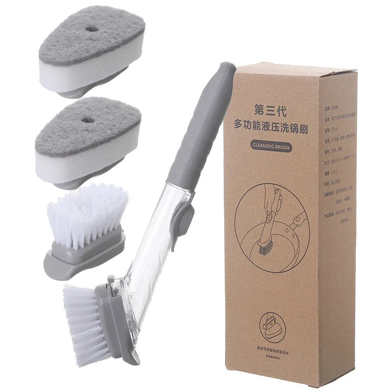 2-in-1 Soap Dispensing Dish Brush Set | Long Handle Kitchen Scrubber with Replaceable Sponge Heads
