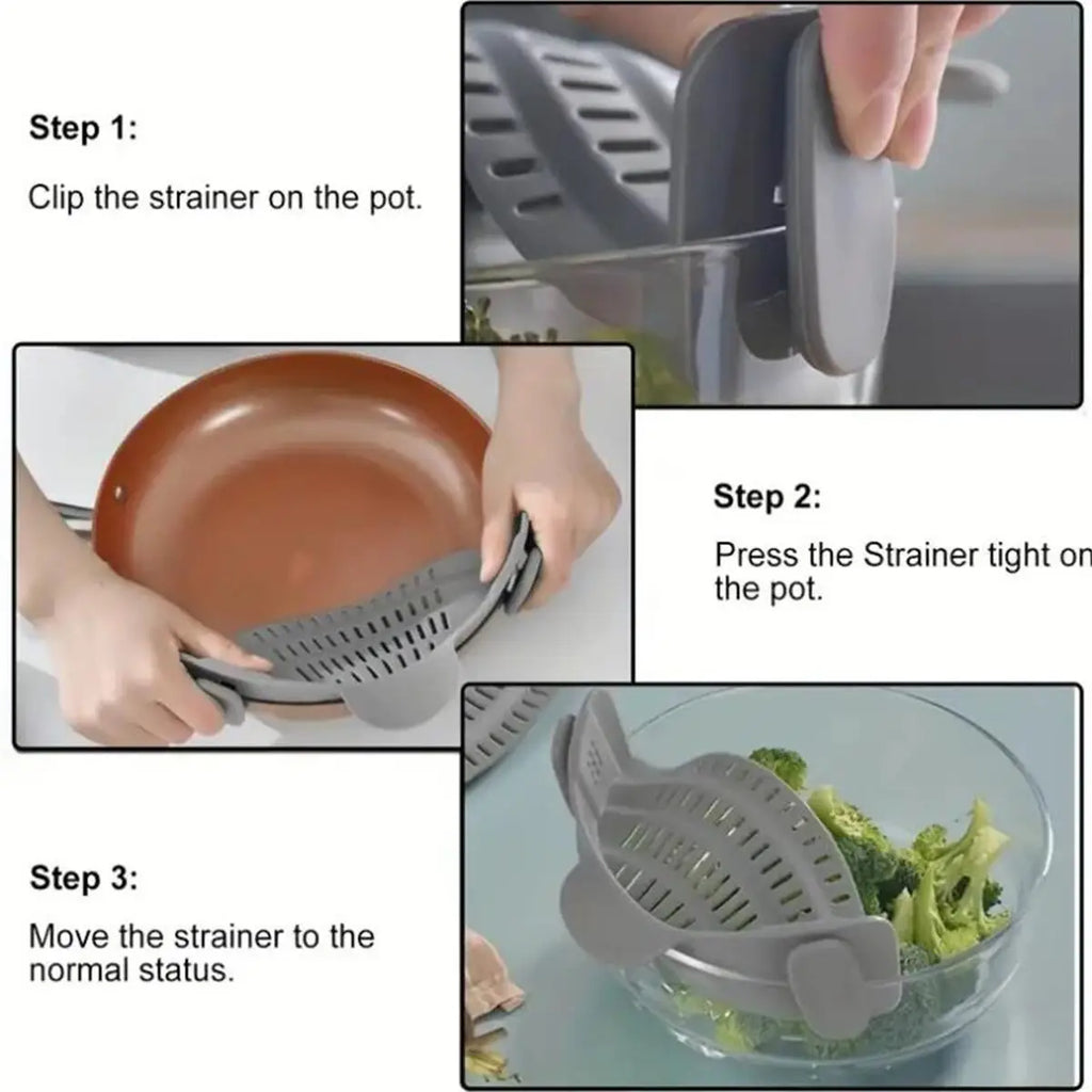Snap-On Silicone Pot Strainer | Universal Adjustable Clip-On Food Strainer for Pots, Pans & Bowls