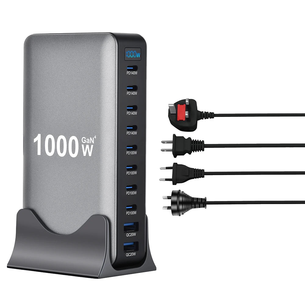 1000W GaN Desktop Charging Station | 10-Port USB-C & USB-A Fast Charger with PD 3.1 & PPS for Laptops, Tablets & Smartphones