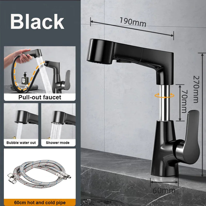 Pull-Out Brass Bathroom Basin Faucet Dual-Function Rotating Smart Water Tap