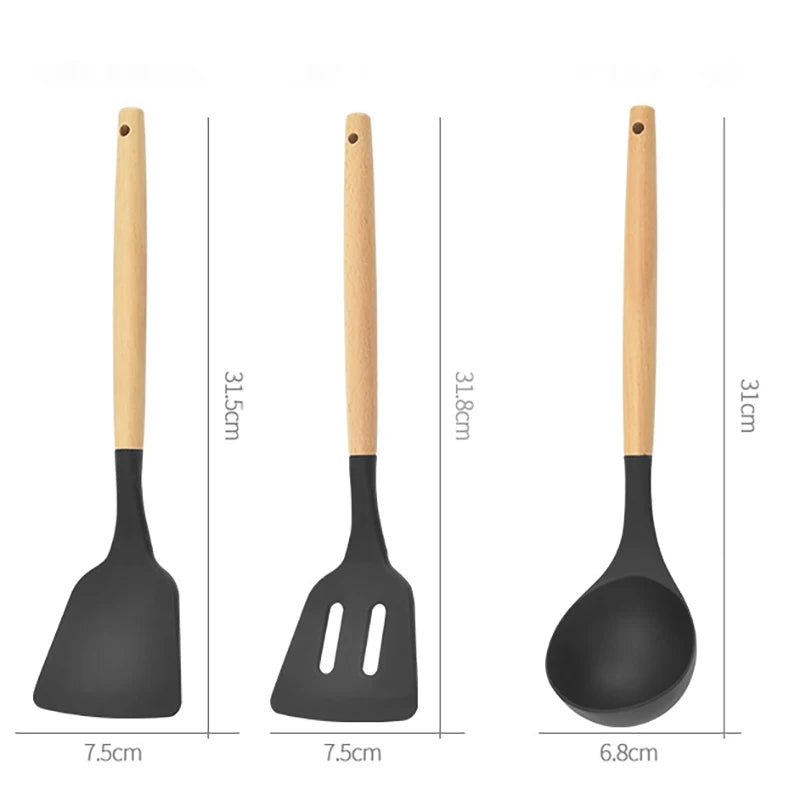 12PCS Silicone Non-Stick Kitchen Utensil Set with Wooden Handles