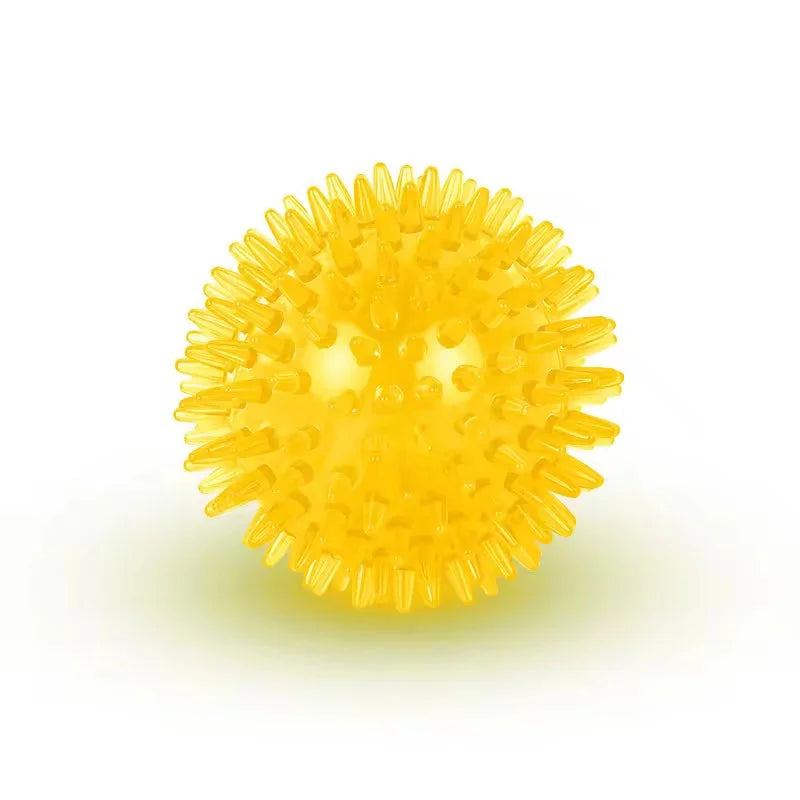 Durable squeaky spiked dog ball for teeth cleaning and play.
