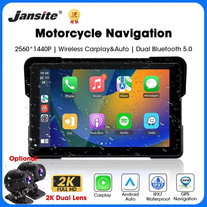Jansite 5"/7" Motorcycle CarPlay & Android Auto GPS Monitor – IPX7 Waterproof DVR