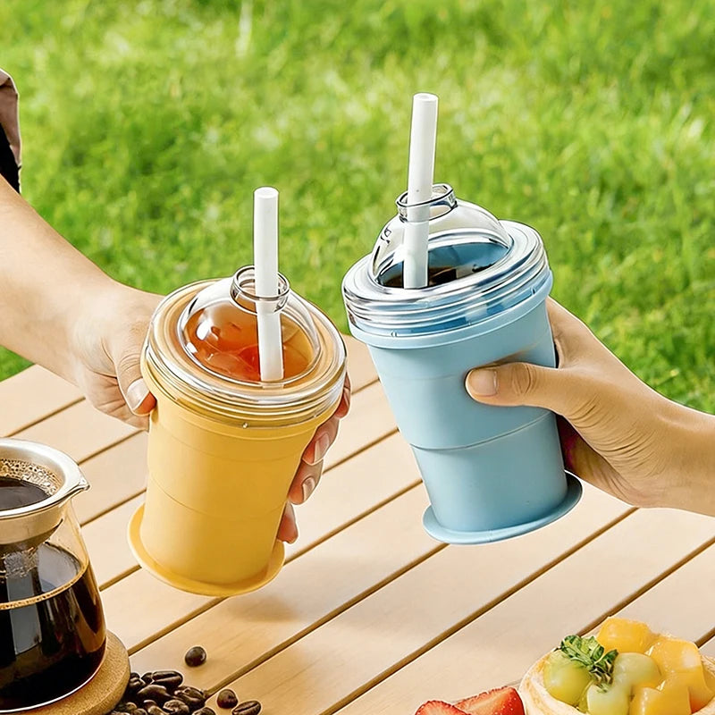 Portable 2-in-1 Folding Silicone Ice Ball Cup | Collapsible Ice Sphere Mold Water Bottle with Straw Lid