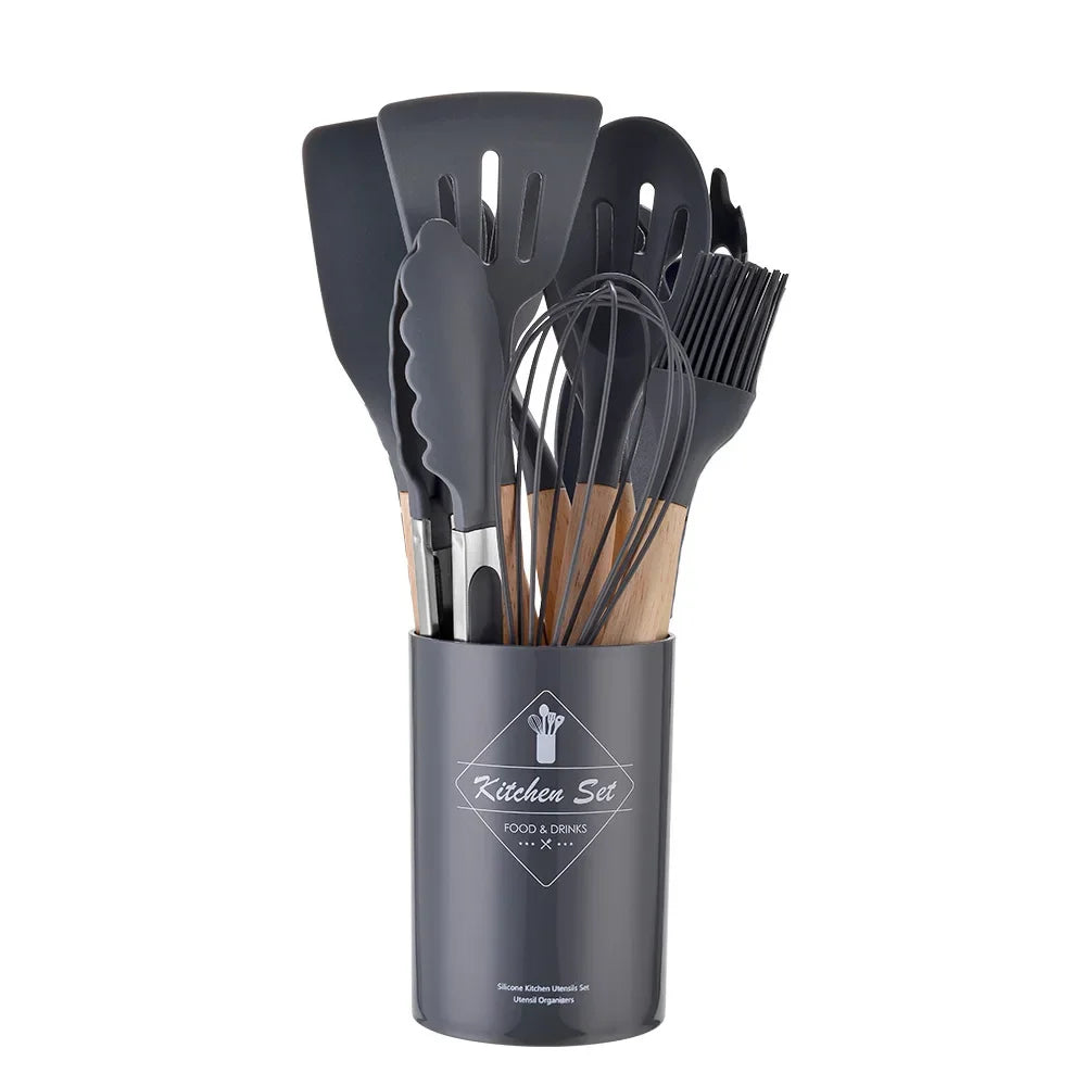 12PCS Silicone Non-Stick Kitchen Utensil Set with Wooden Handles