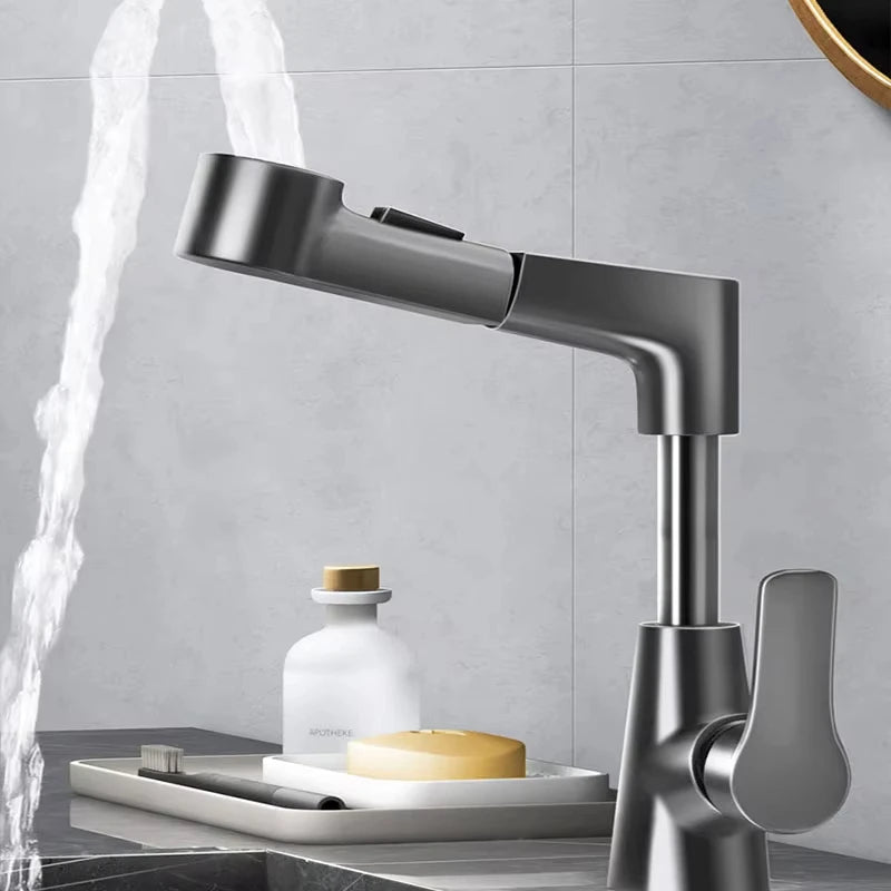Pull-Out Brass Bathroom Basin Faucet Dual-Function Rotating Smart Water Tap