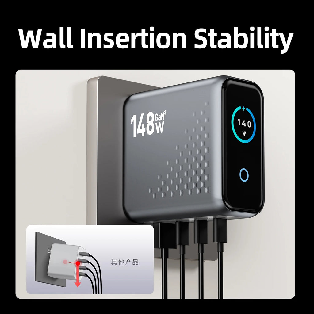 148W GaN Multi-Port Wall Charger with Smart Screen Display | 4-Port Fast Charging Adapter (3C1A) for Laptops, Phones & Tablets