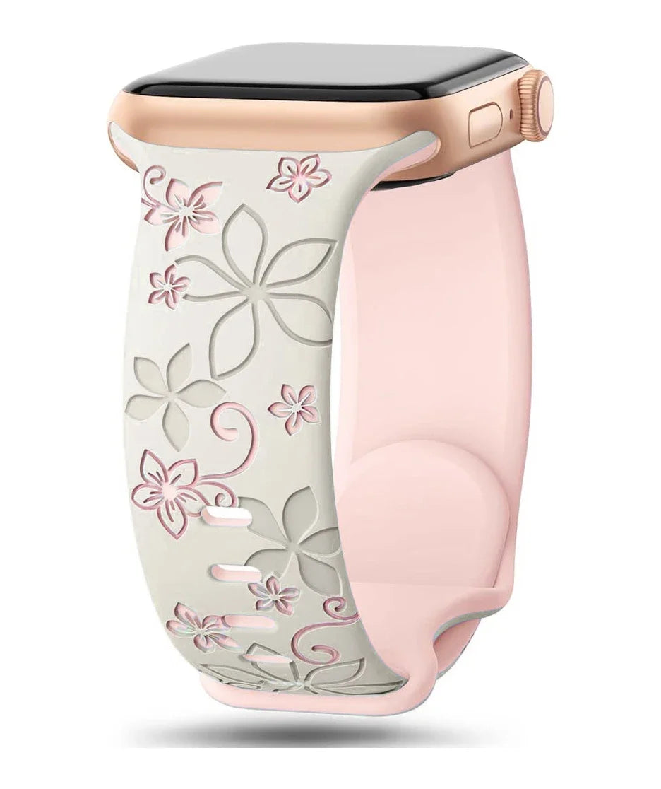 Floral Engraved Silicone Band for Apple Watch | Two-Tone Designer Replacement Strap for Series 1-11, SE & Ultra (38mm - 49mm)