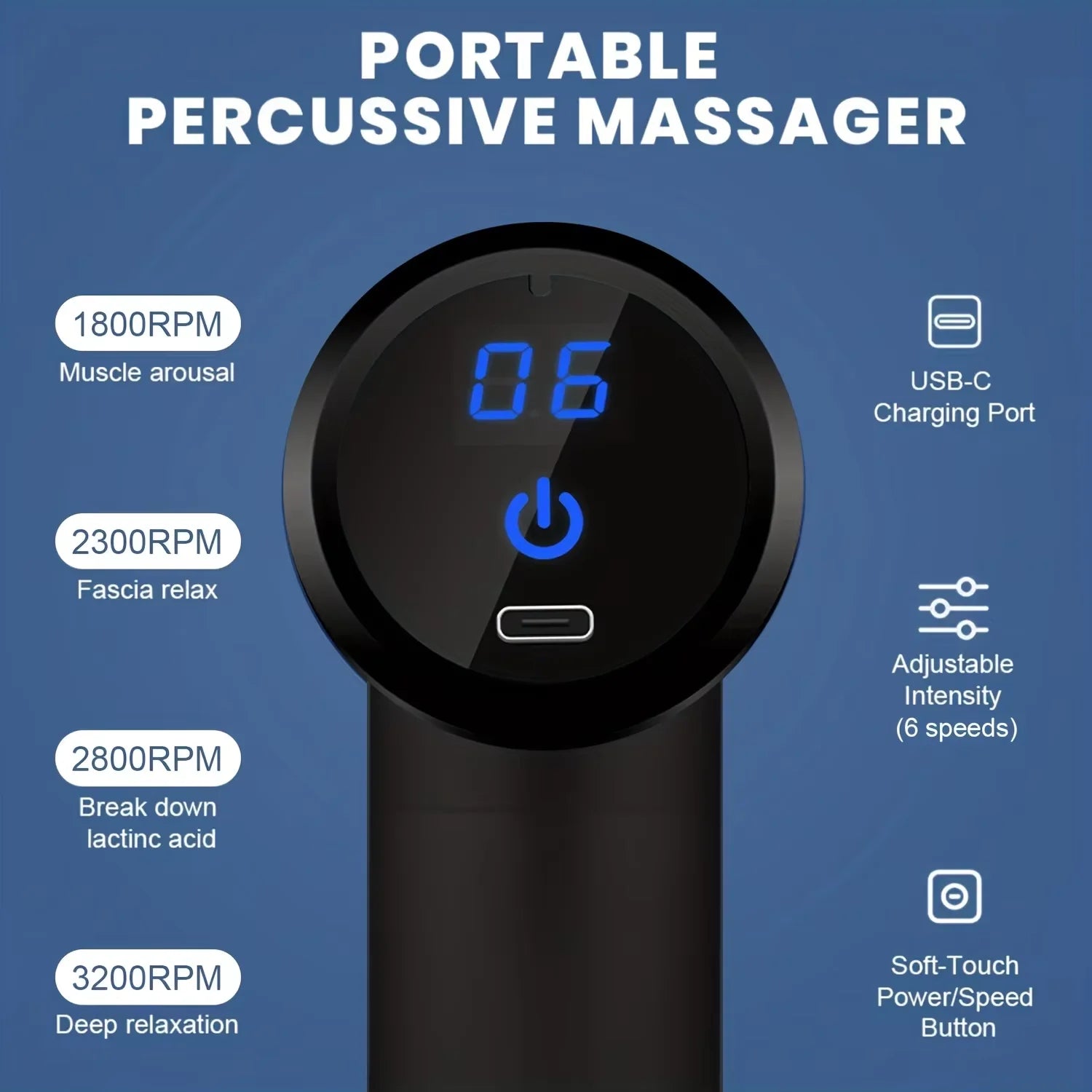 Portable Electric Massage Gun – LED Touch & 4 Interchangeable Heads