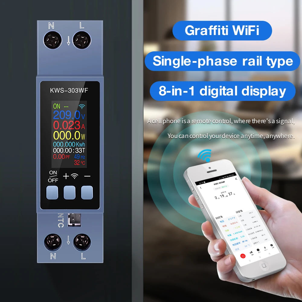 KWS-303 Tuya WiFi Smart Power Meter | 8-in-1 DIN Rail Voltage, Current & Electricity Monitor
